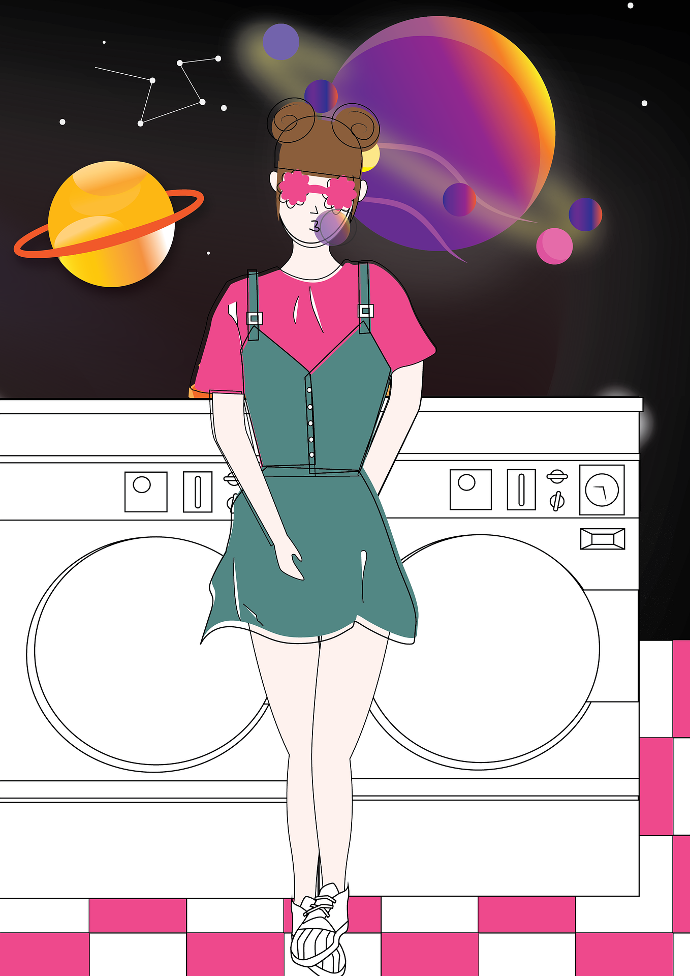 A woman in a laundromat with planets in the background